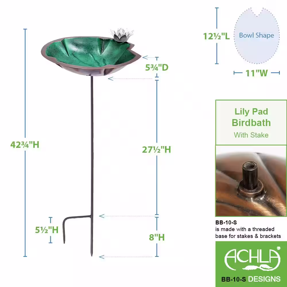 Achla Designs 41.75 in. Tall Antique Copper Plated and Colored Patina Lilypad Birdbath with White Flower and Stake