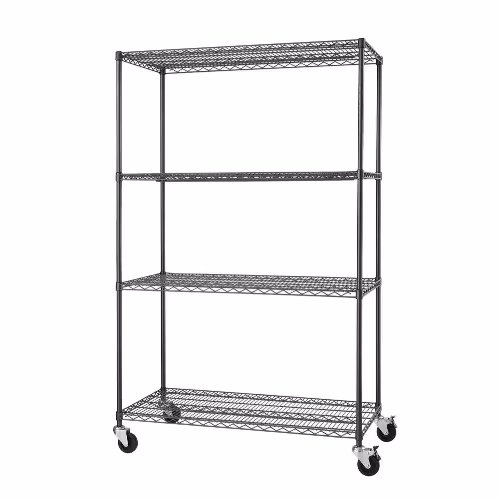 TRINITY PRO Black 4-Tier Rolling Steel Wire Garage Storage Shelving Unit (48 in. W x 77 in. H x 24 in. D)