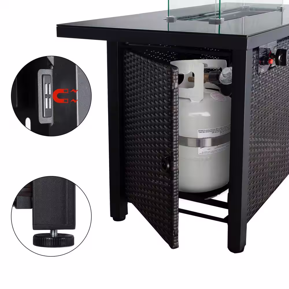 None Modern Black Rectangle Shape Wicker Fire Pit Table with Lid