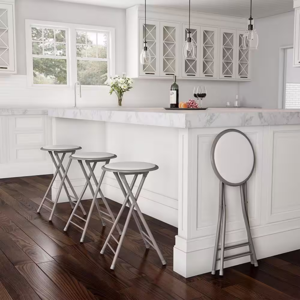 Trademark Home 24 in. White Heavy-Duty Padded Round Folding Bar Stool