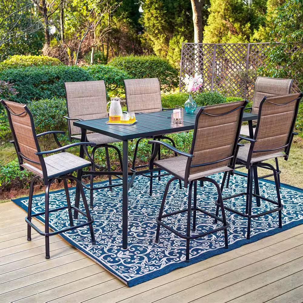 None Black 7-Piece Metal Rectangle Outdoor Patio Bar Set with Wood-Look Bar Table and Padded Swivel Bistro Chairs