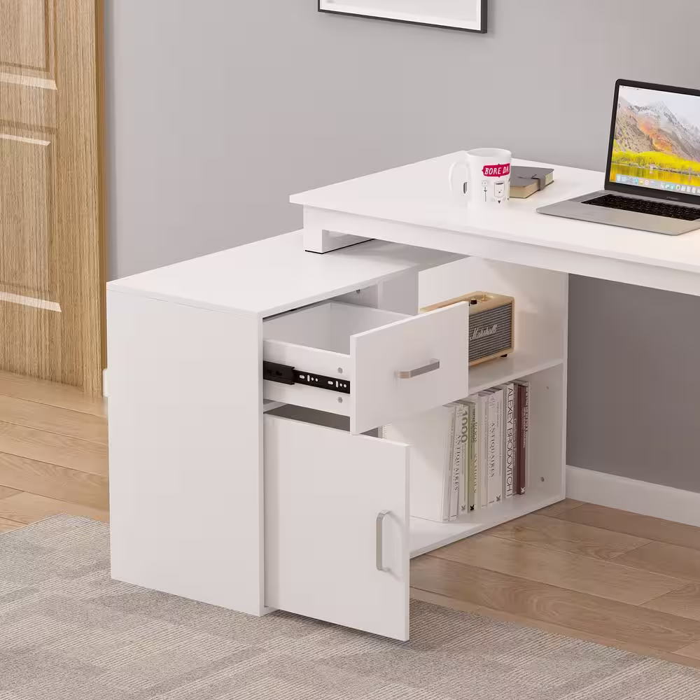 None L-Shaped Wooden Computer Desk, White Finish with 1 Drawer, Open Shelves and Eco-Friendly Paint Finish, 55.1 in. W