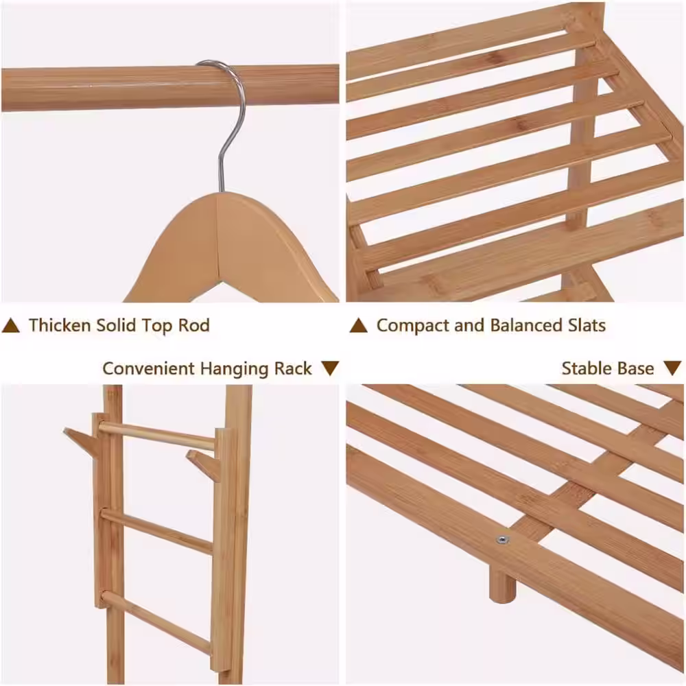 None Brown Bamboo Garment Clothes Rack 35 in. W x 57 in. H