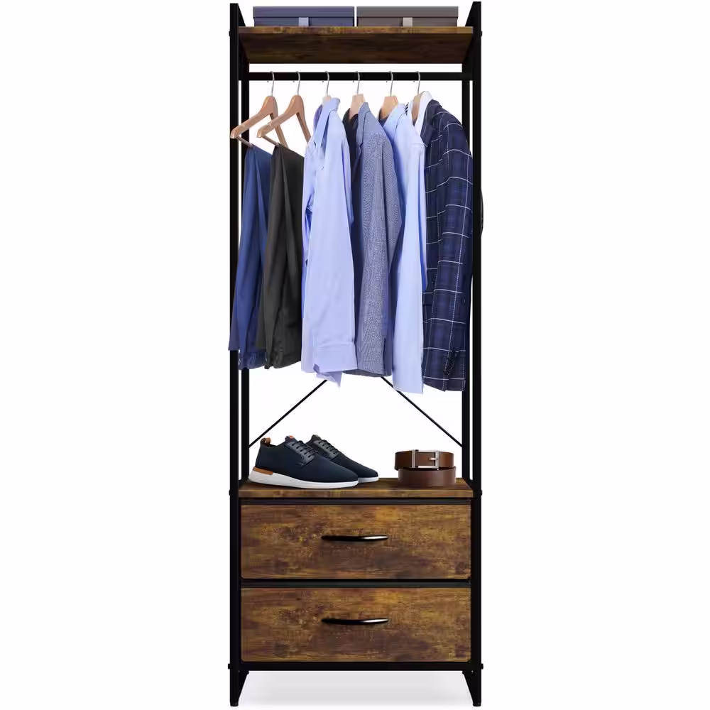 Sorbus Rustic Brown Steel Clothes Rack with Fabric Drawers and Wood Top 15.25 in. W x 70 in. H