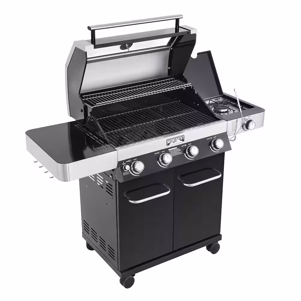 Monument Grills 4-Burner Propane Gas Grill in Black with ClearView Lid, LED Controls, Side Burner and USB Light