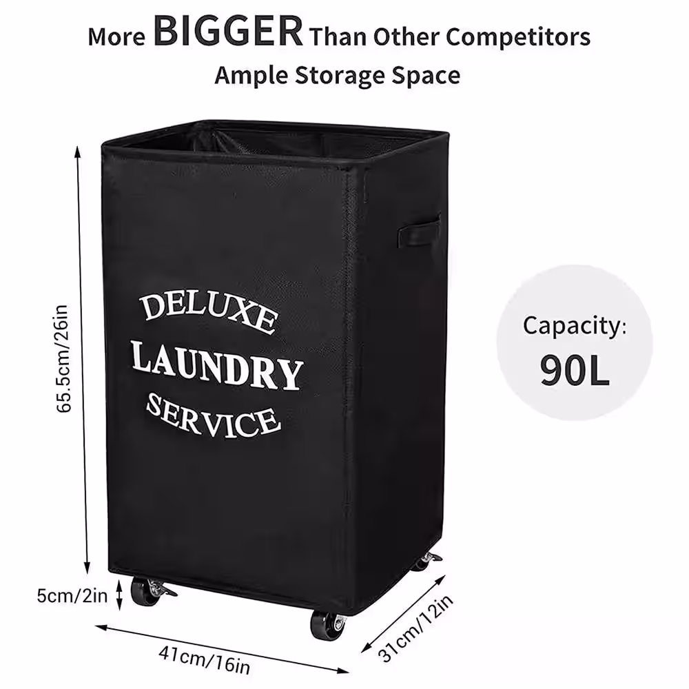 None 90L Fabric Laundry Basket Hamper with Black Wheels