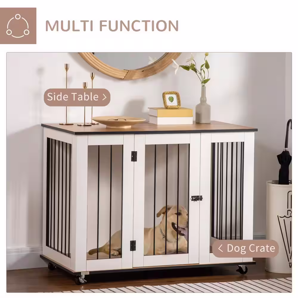 PawHut Modern Dog Crate End Table with Easy to Clean Surface, Large Dog Crate Furniture on Wheels