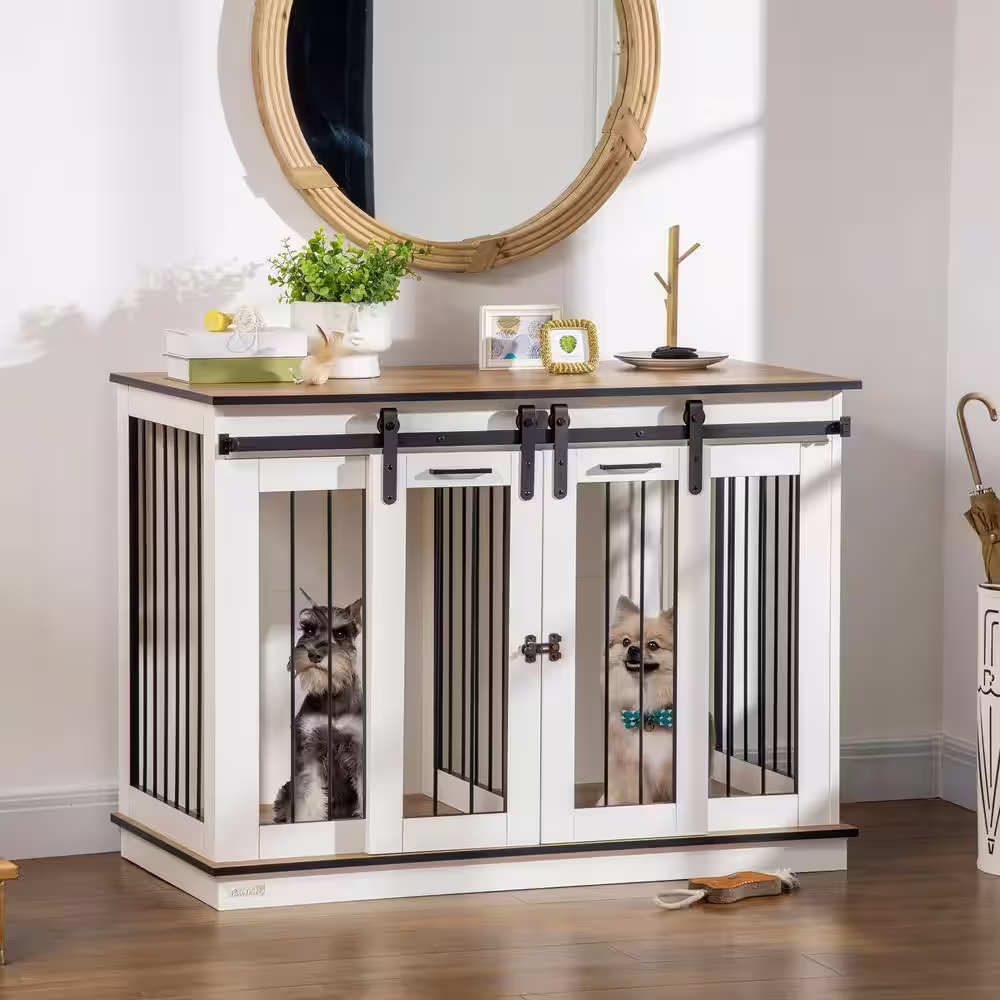 PawHut Modern Dog Crate End Table with Divider Panel, Dog Crate Furniture, White