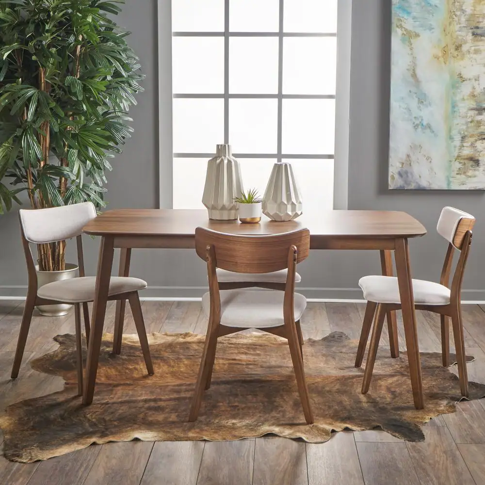 Noble House Alma 5-Piece Natural Walnut and Light Beige Dining Set