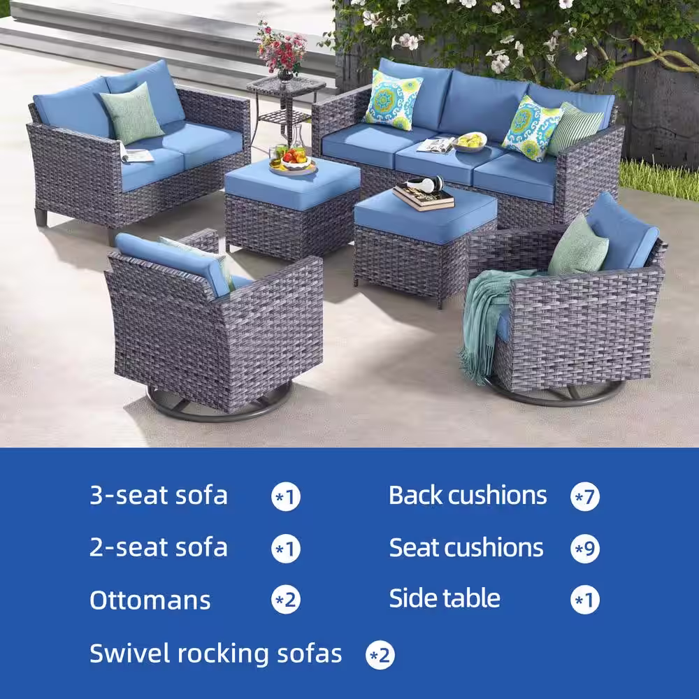 XIZZI Neptune Gray 7-Piece Wicker Patio Conversation Seating Sofa Set with Denim Blue Cushions and Swivel Rocking Chairs