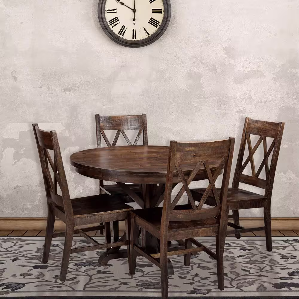 Hanover Annecy 5-Piece Natural Mango Wood Dining Set: 45 in. Round Table with Trestle Base and 4-Chairs