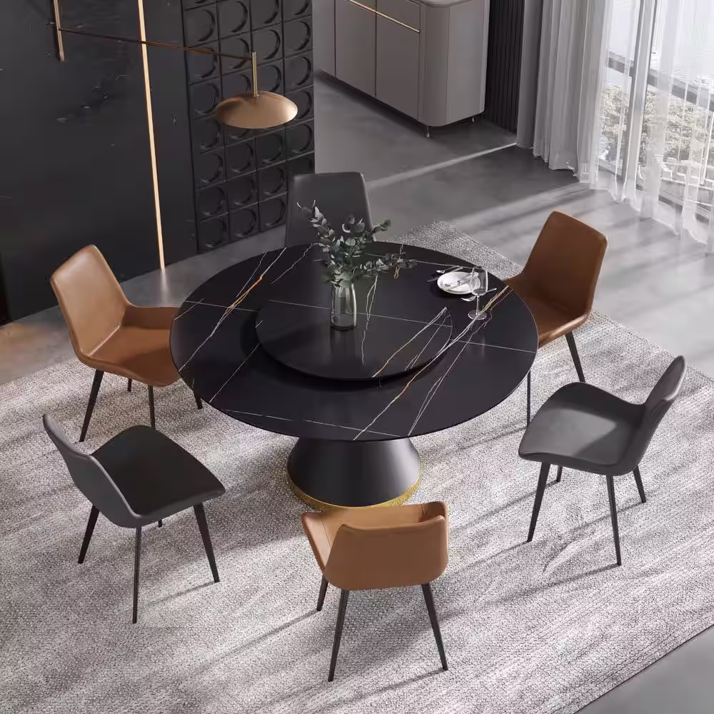 None 59.05 in. Black Modern Round Sintered Stone Tabletop Dining Table with Metal Leather Base (Seats 8)