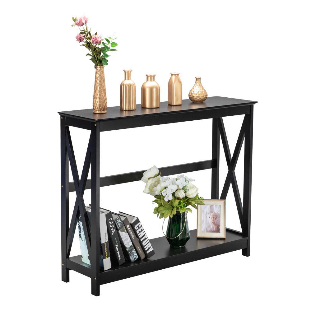 None 41.73 in. Standard Rectangle Black Wood Console Table with Shelves