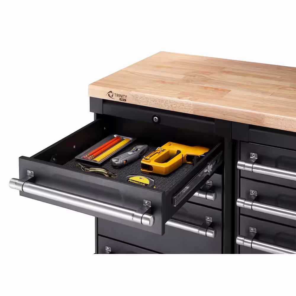 TRINITY PRO 192 in. W x 75.7 in. H x 24 in. D 18-Gauge Steel Garage Cabinet Drawer Set in Black with Solid Wood Top (11-Piece)