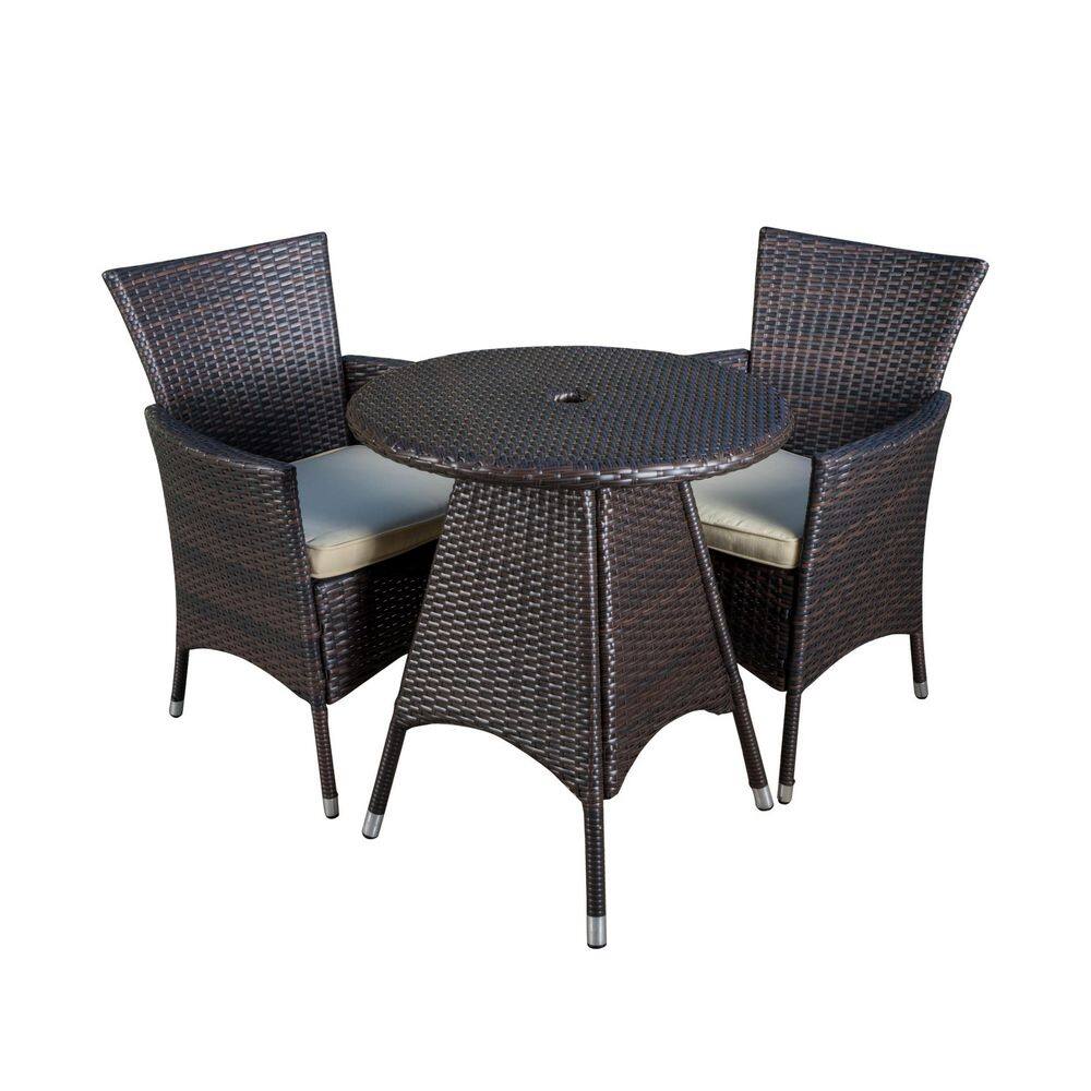Noble House Melissa Multi-Brown 3-Piece Faux Rattan Round Outdoor Bistro Set with Creme Cushions
