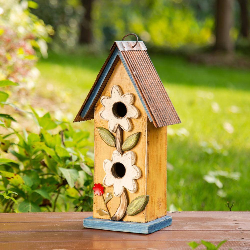 Glitzhome 13.75 in. H 2-Tiered Distressed Solid Wood Birdhouse with Flower