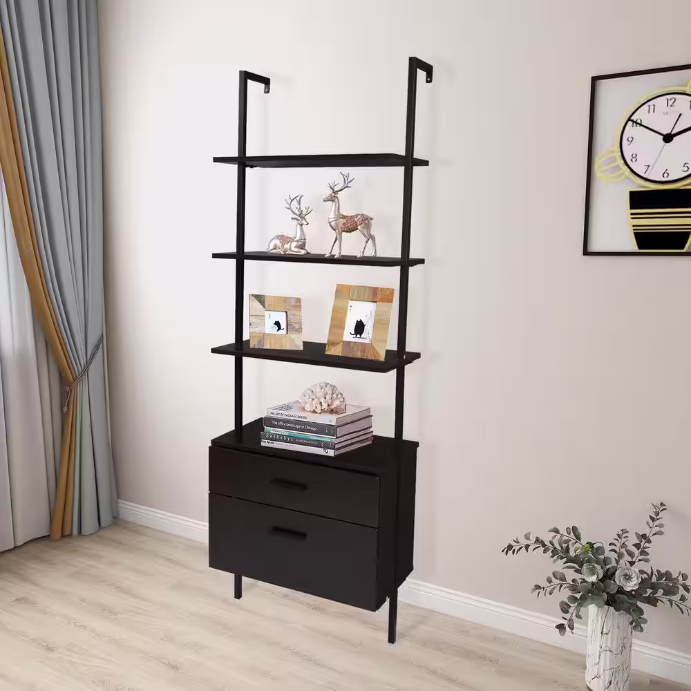 None Industrial 72 in. Black MDF 5-Shelf Standard Bookcase with Wood Drawers