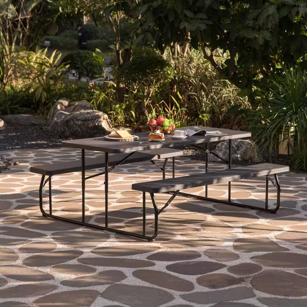 Gardenised 6 ft. Black Outdoor Foldable Woodgrain Picnic Table Set with Metal Frame