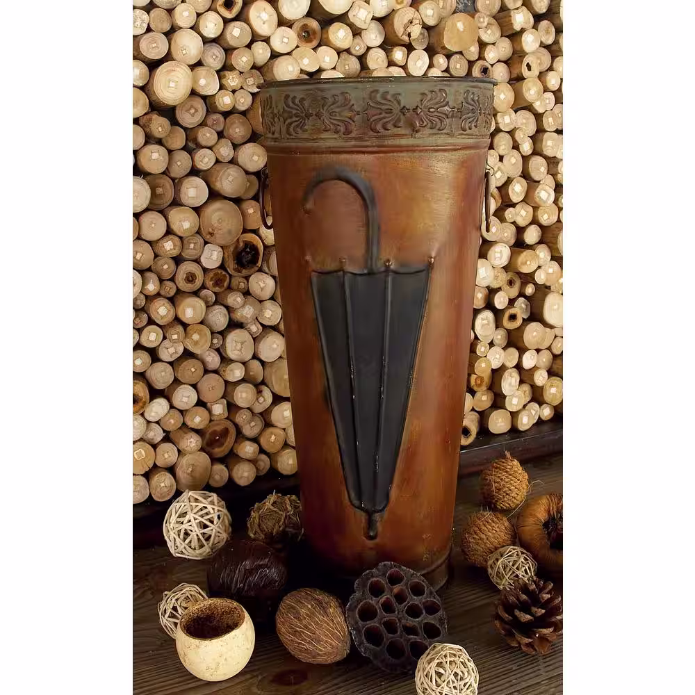 Litton Lane Brown Metal Umbrella Stand with Umbrella Image and Handles (Set of 2)