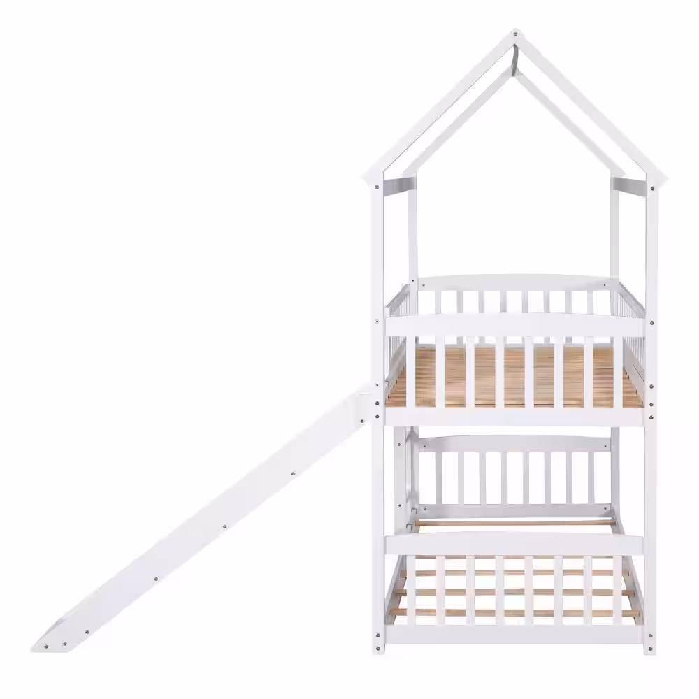 Harper & Bright Designs White Twin Over Twin Wood House Bunk Bed with Slide and Ladder