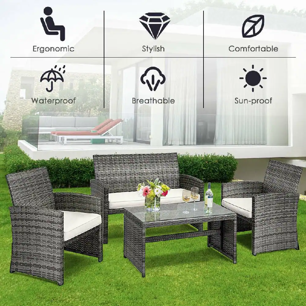 Costway Mix Gray 4-Piece Rattan Wicker Patio Conversation Set with Beige White Cushions Garden Lawn Furniture