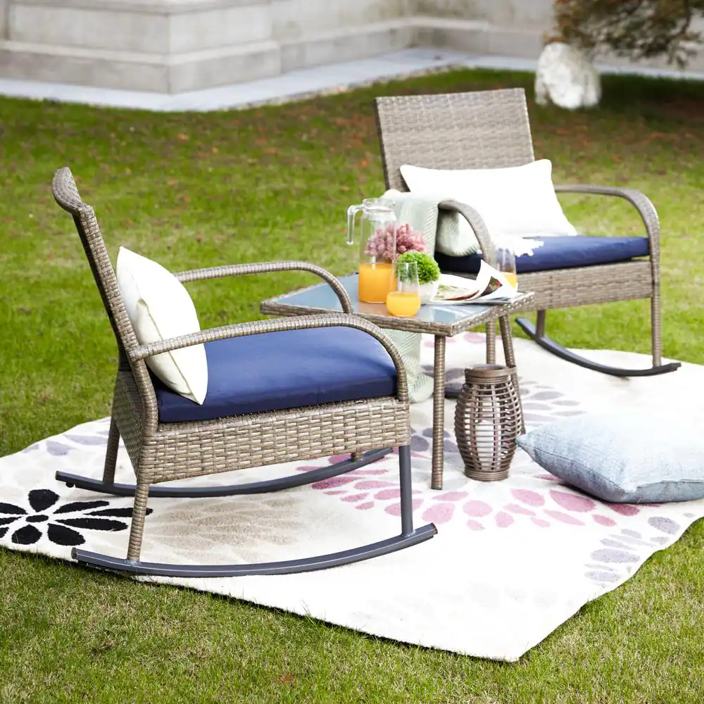 Patio Festival 3-Piece Wicker Outdoor Rocking Chair Conversation Set with Blue Cushion