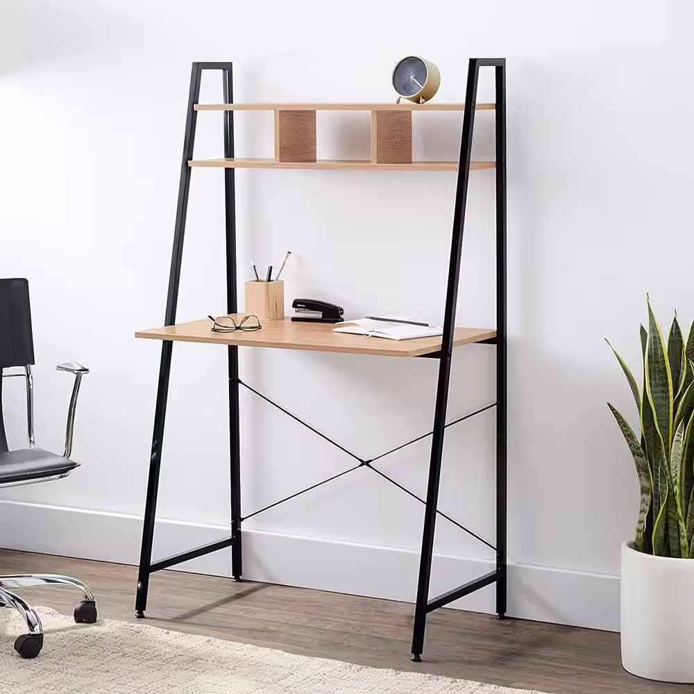 None Black Steel Frame Desk with Bookcase Above