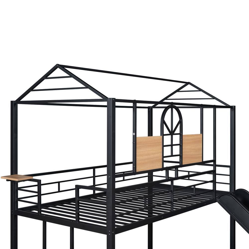 None Twin Metal Bunk Bed, Metal House bed with Slide Black with Black Slide