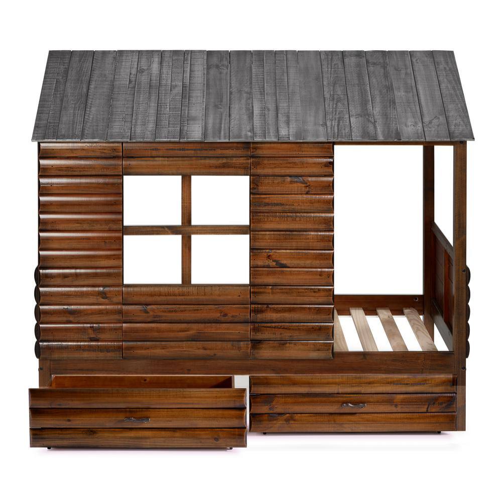 Donco Kids Log Cabin Rustic Walnut and Silver Twin Low Loft Bed with Dual Underbed Drawers