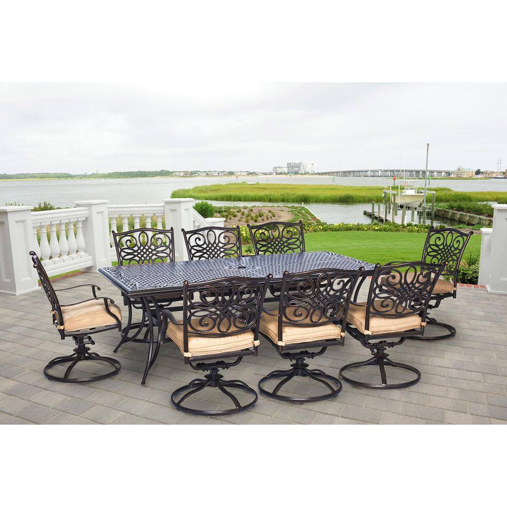 Cambridge Seasons 9-Piece Aluminum Outdoor Dining Set with Tan Cushions with 8 Swivel Dining Chairs and Dining Table