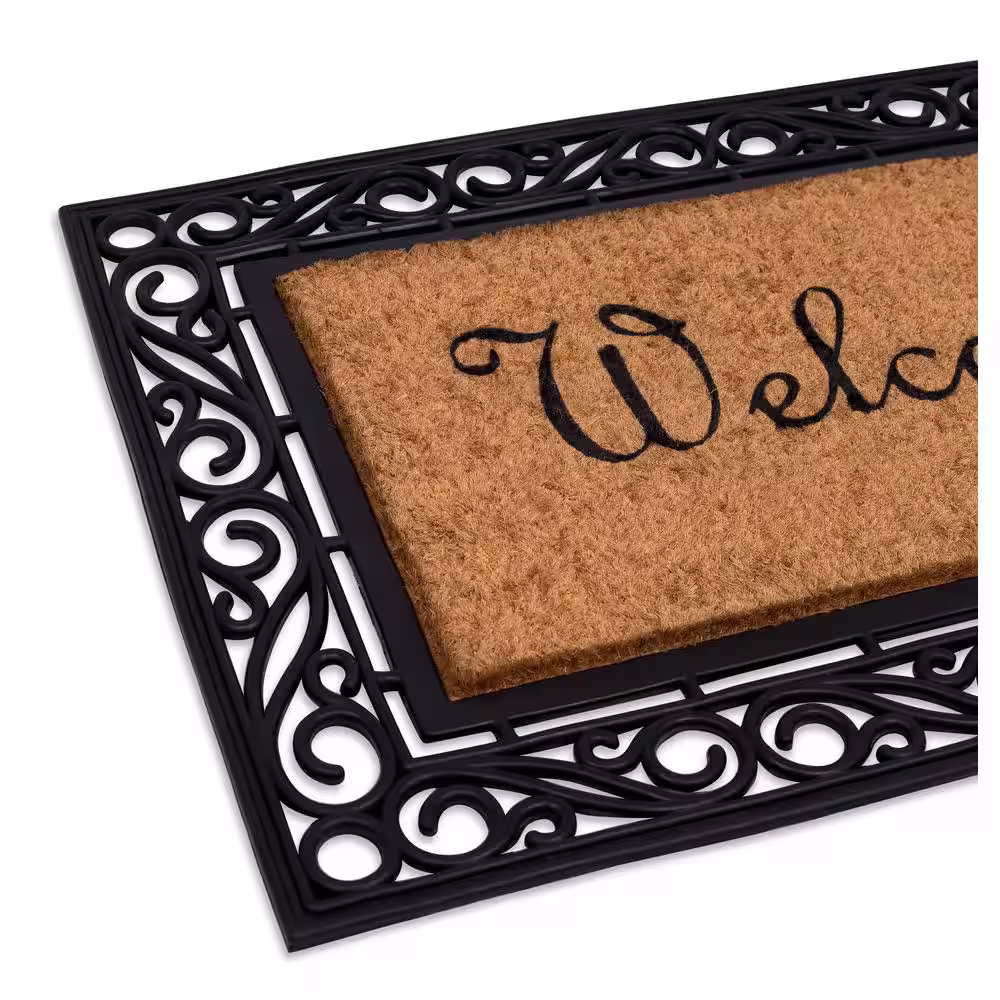 BirdRock Home Welcome Brown 24 in. W x 36 in. L Rubber Moulded Brush Coir Door Mat with Scroll Border