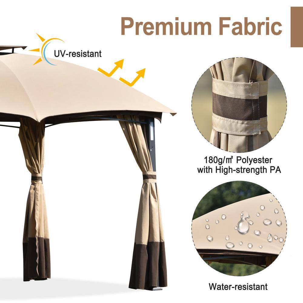 ANGELES HOME 10 ft. x 12 ft. Brown Double Vents Gazebo Patio Metal Canopy with Screen and LED Lights