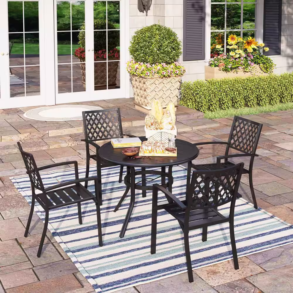 PHI VILLA Black 5-Piece Metal Outdoor Patio Dining Set with Slat Round Table and Elegant Stackable Chairs