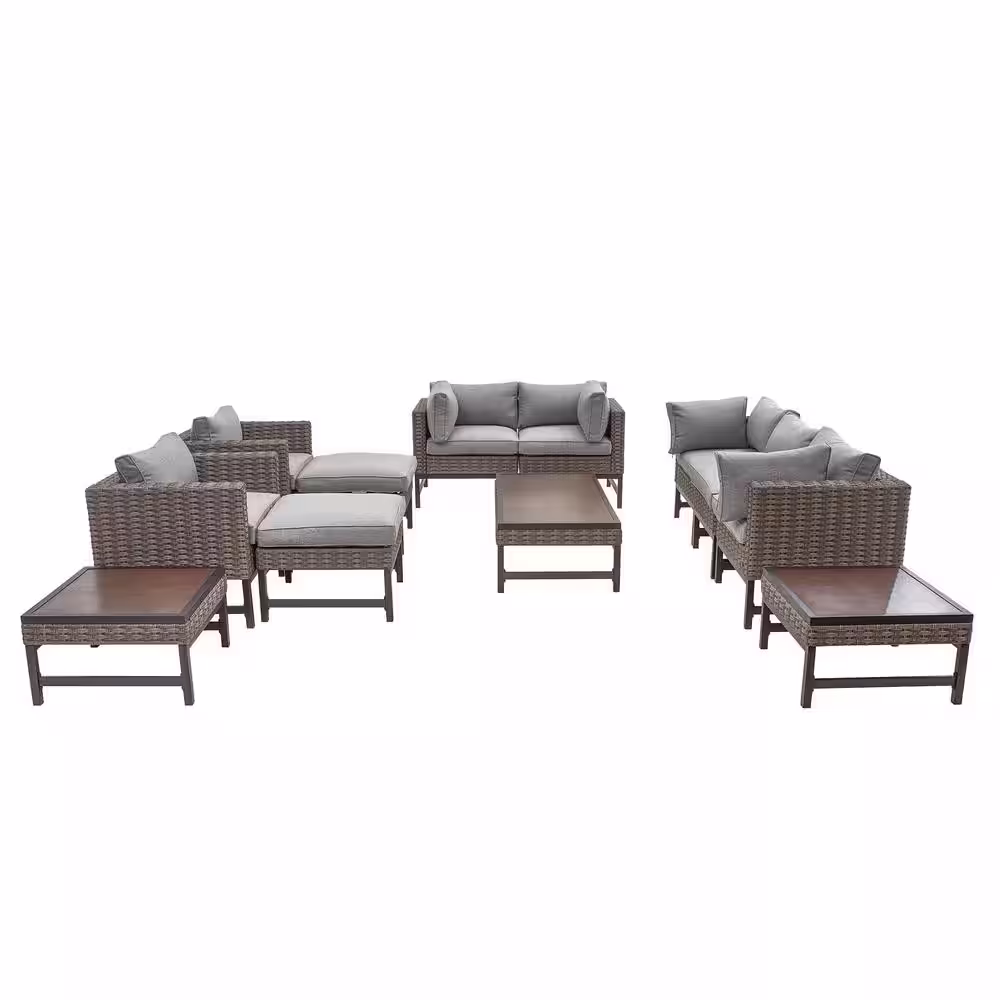 Patio Festival 12-Piece Wicker Right-Angle Collection Patio Conversation Set with Gray Cushions