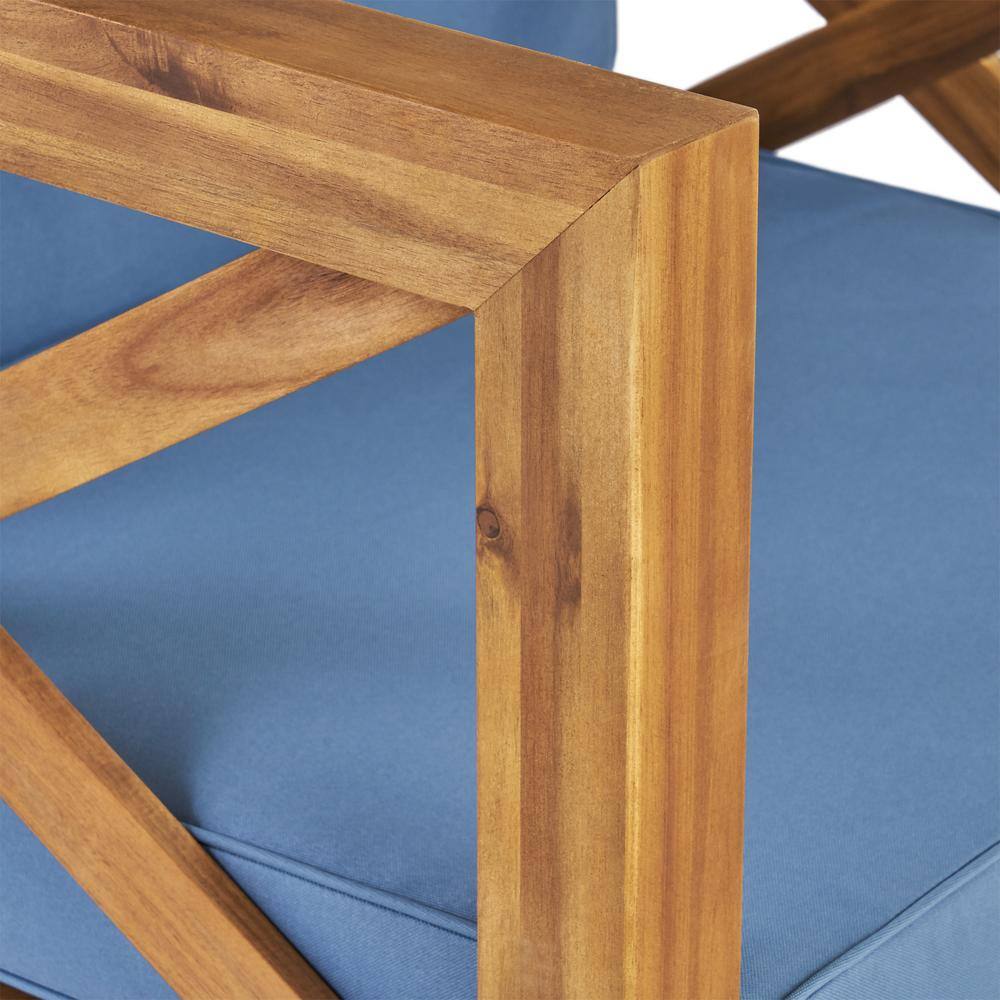 Noble House Brava Teak Brown 5-Piece Wood Patio Conversation Sectional Seating Set with Blue Cushions