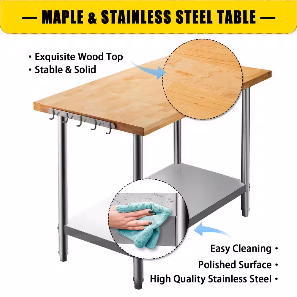 VEVOR Stainless Steel Table 36 x 24 in. Maple Kitchen Prep Table with Lower Shelf and Feet Kitchen Utility Table,Silver