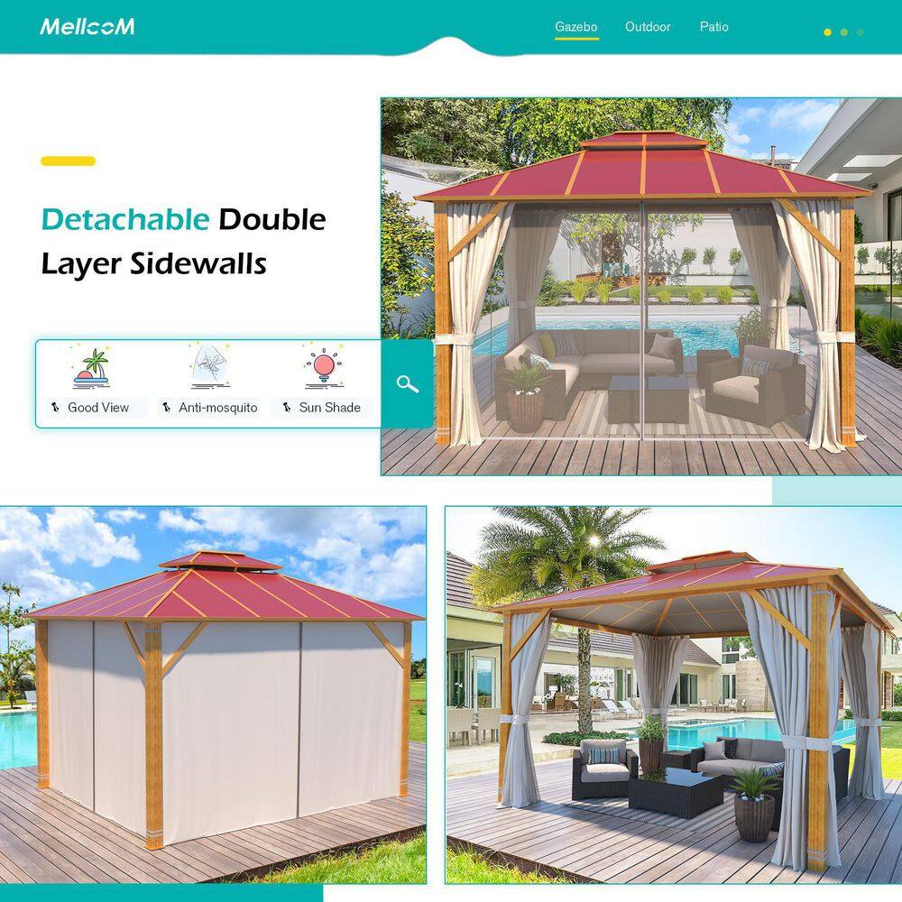 None 10 ft. x 12 ft. Metal Hardtop Gazebo, Wooden Finish Coated Aluminum Frame Double Roof Gazebo, Claret