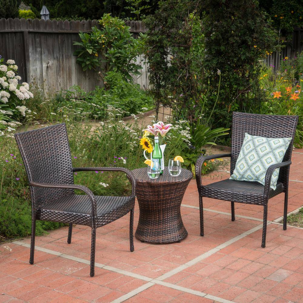 Noble House Laurel Multi-Brown 3-Piece Faux Rattan Patio Conversation Set