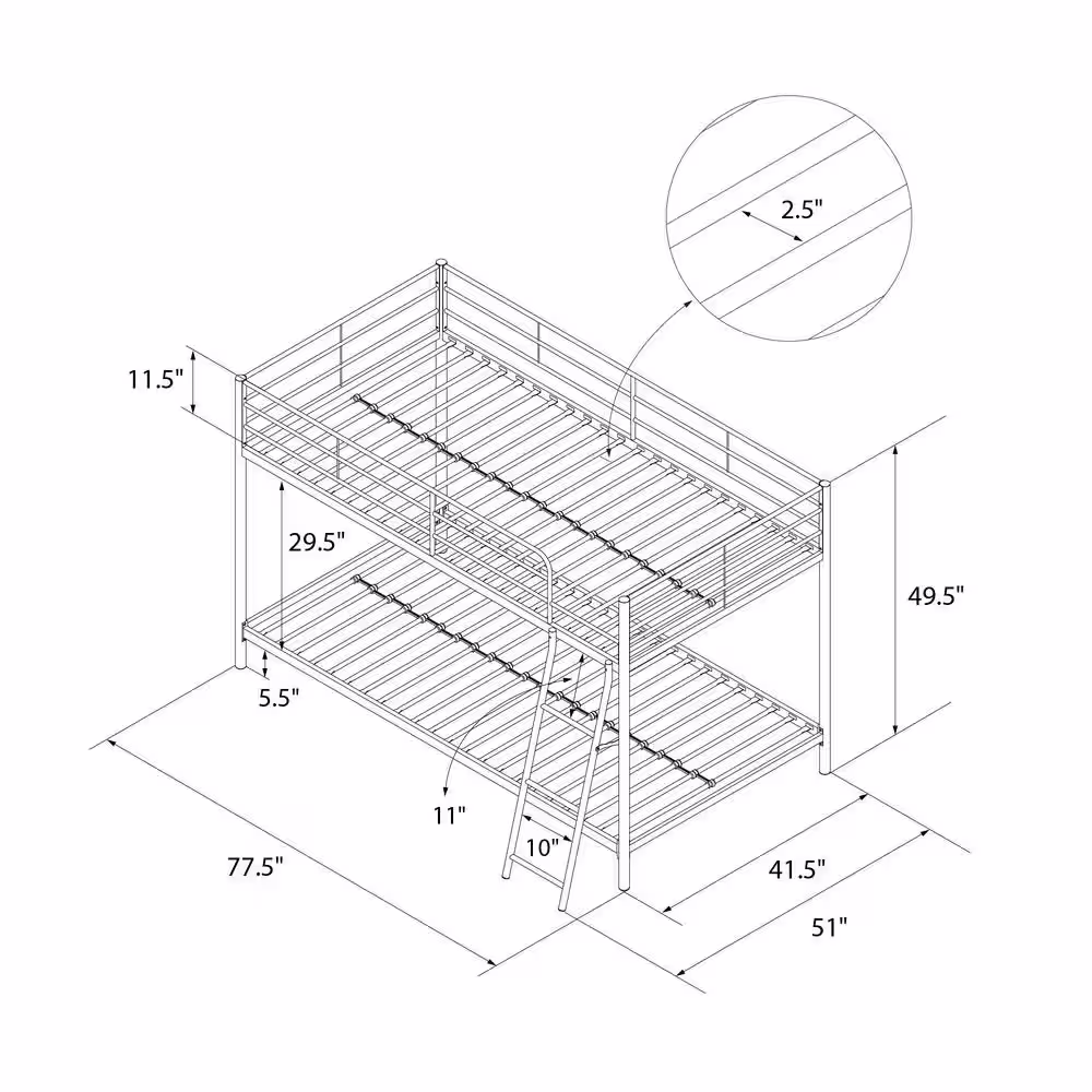 DHP Fulton Silver Metal Twin Over Twin Bunk Bed