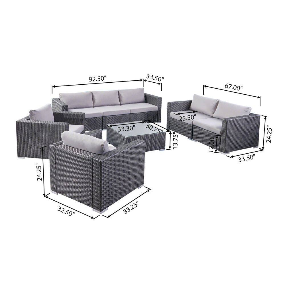 Noble House Santa Rosa Gray 8-Piece Faux Rattan Patio Conversation Set with Silver Cushions