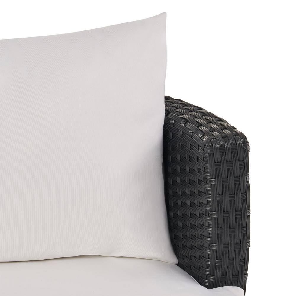 Noble House Kono Black 3-Piece Faux Rattan Patio Conversation Set with White Cushions