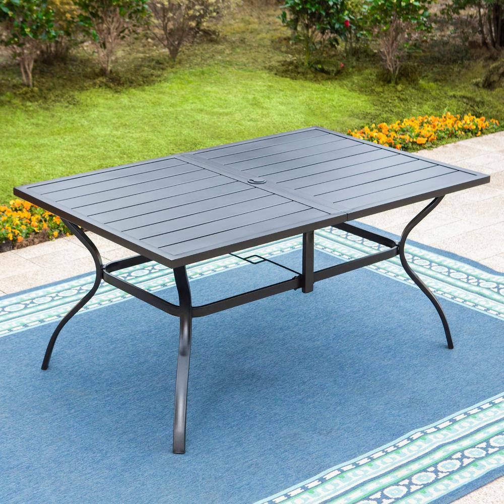 PHI VILLA Black 7-Piece Metal Patio Outdoor Dining Set with Slat Rectangle Table and Elegant Chairs with Beige Cushion