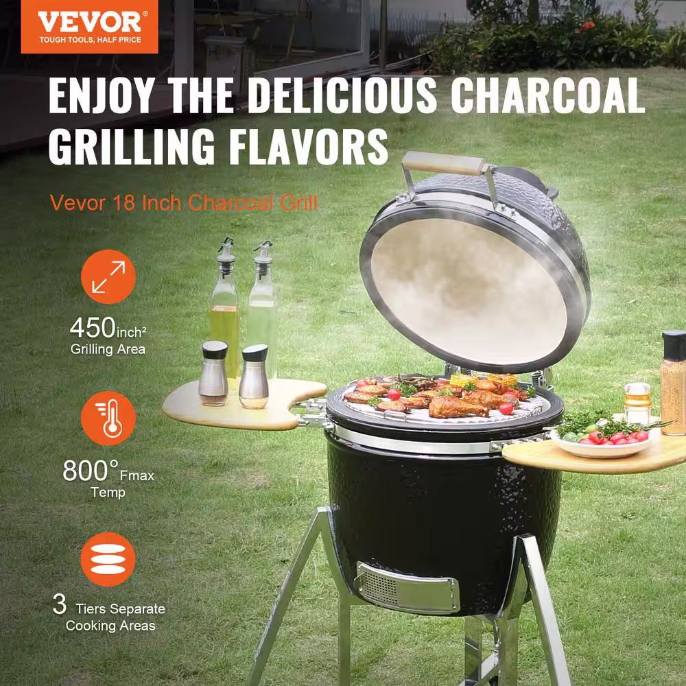 VEVOR Ceramic Barbecue Grill Smoker Pellet Grills 18 in . Portable Round Outdoor Grill for Patio, Black
