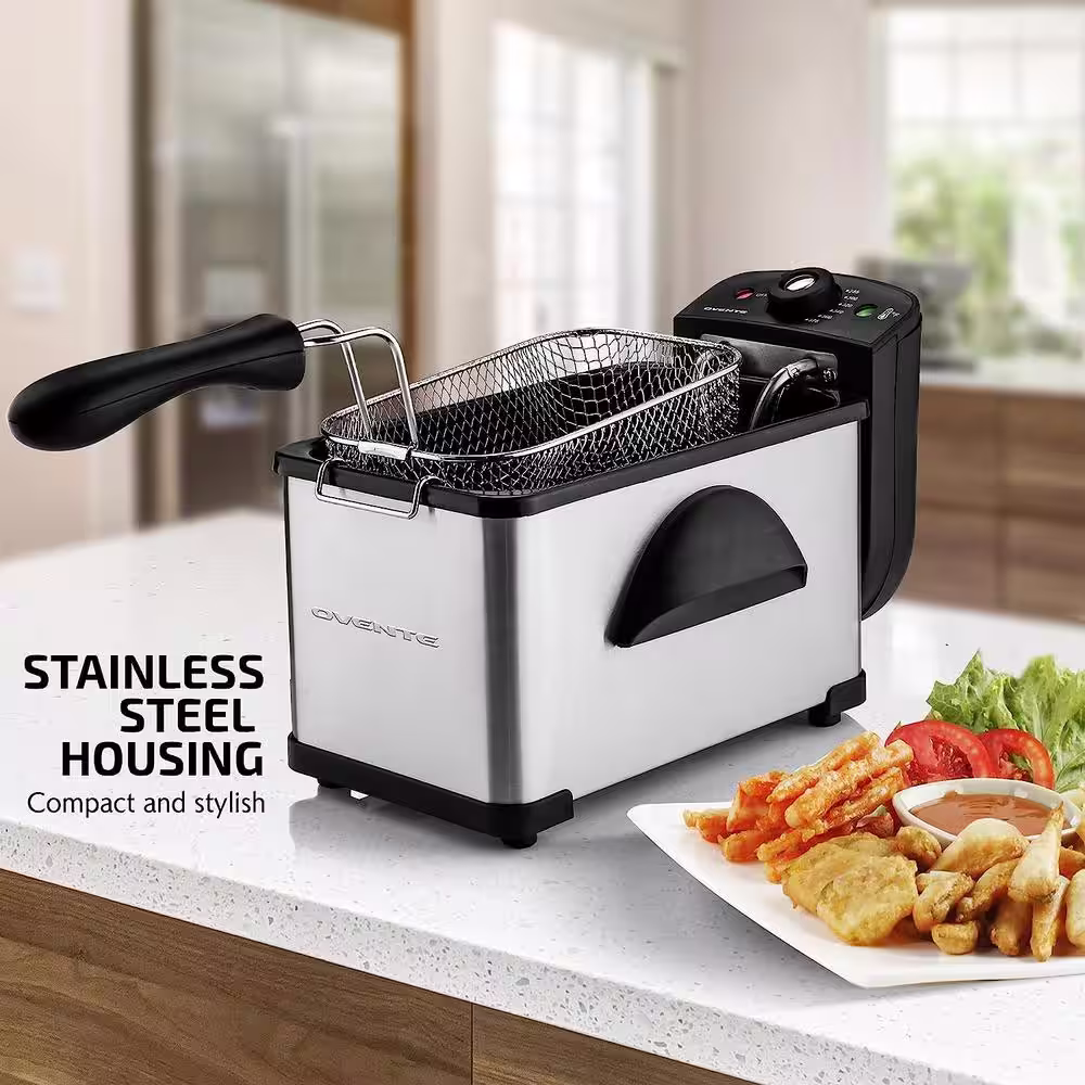 OVENTE 2.11 Qt Silver Electric Deep Fryer with Removable Frying Basket