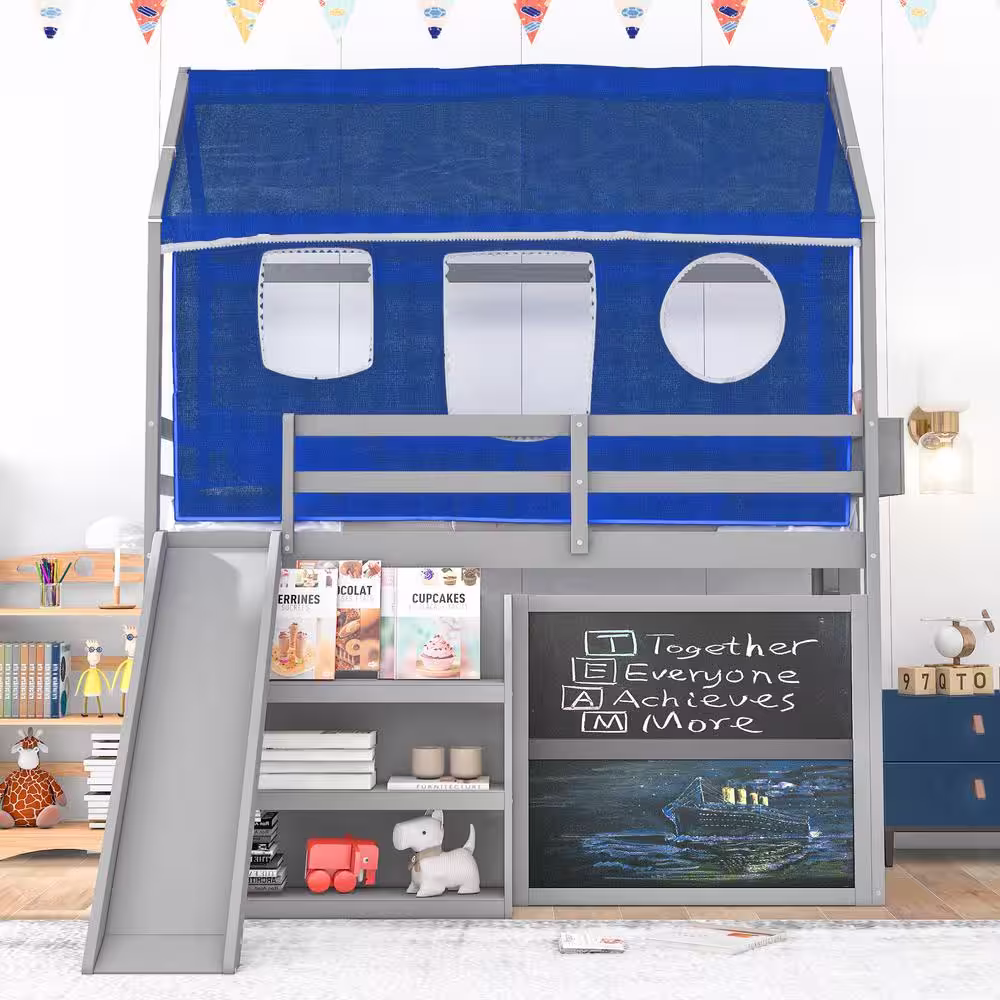 Harper & Bright Designs Gray Twin over Twin Wood House Bunk Bed with Blue Tent, Slide, Shelves, Blackboard, and Ladder