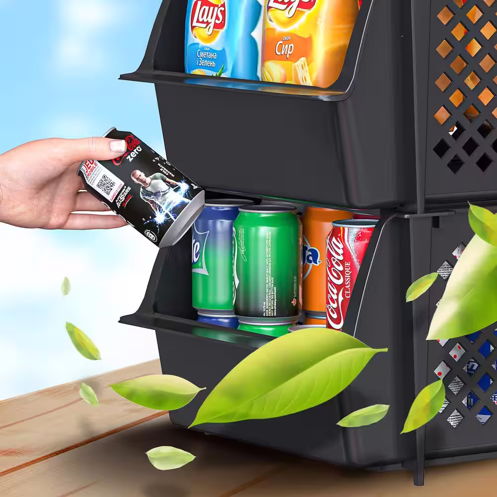 None 19 qt. Plastic Stackable Storage Bins for Pantry in Black (4-Pack)