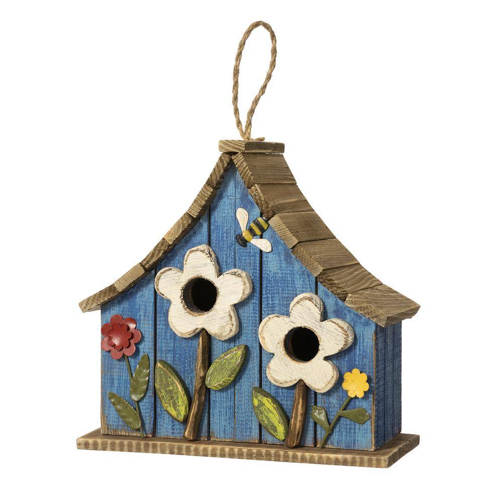Glitzhome 10.5 in. H Distressed Solid Wood Birdhouse with 3D Flowers
