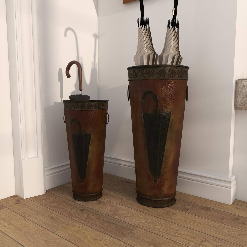 Litton Lane Brown Metal Umbrella Stand with Umbrella Image and Handles (Set of 2)