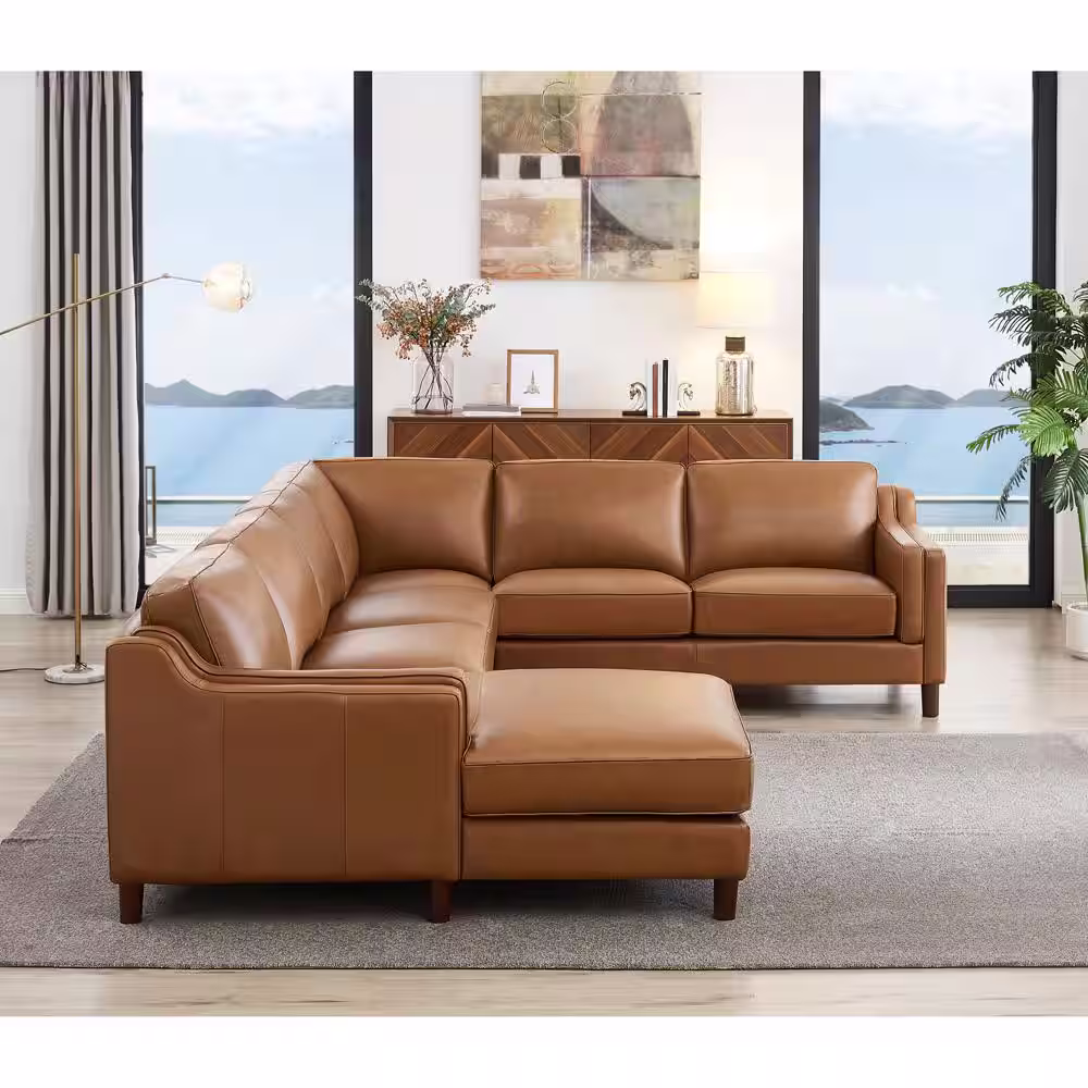 Hydeline Bella 132 in. Square Arm 4-Piece Leather Lawson 6-Seater Sectional Sofa in Brown w/Left Facing Chaise