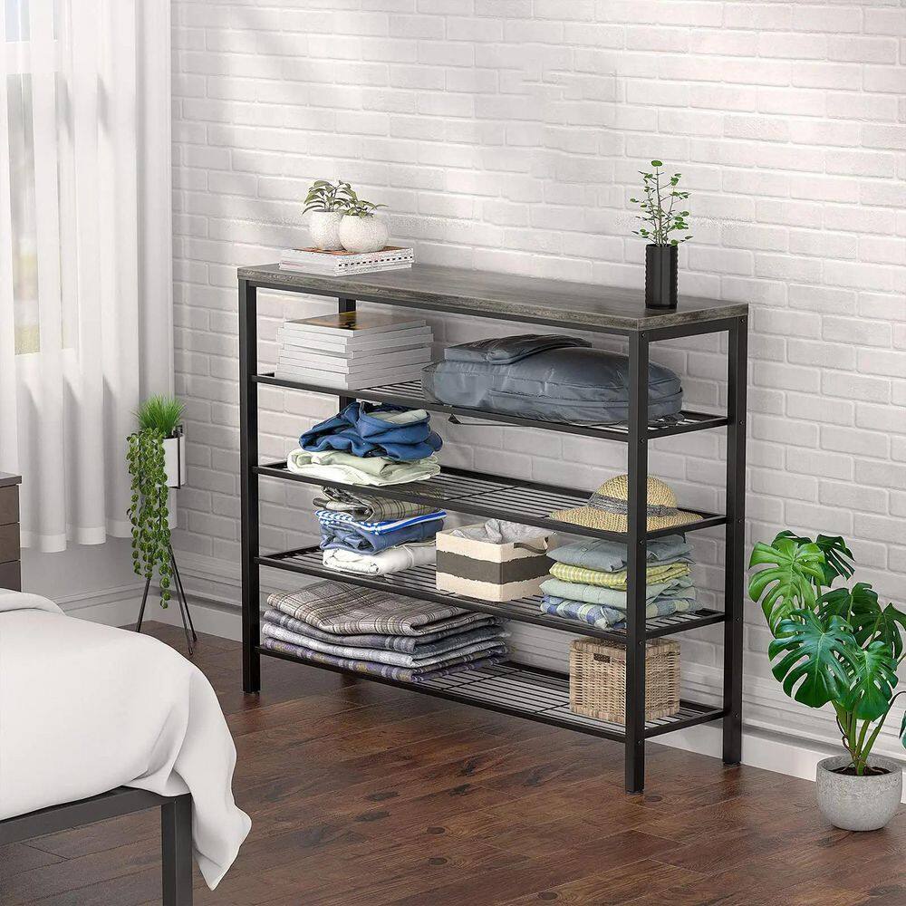 None 36.6 in. H 16-Pair 5-Tier Black Metal Shoe Rack